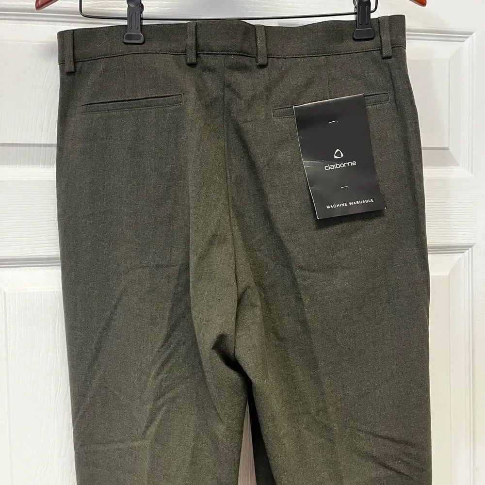 Claiborne Dark Moss Green Soft Wool Feel Flat Front Pants sz 32/30 NWT